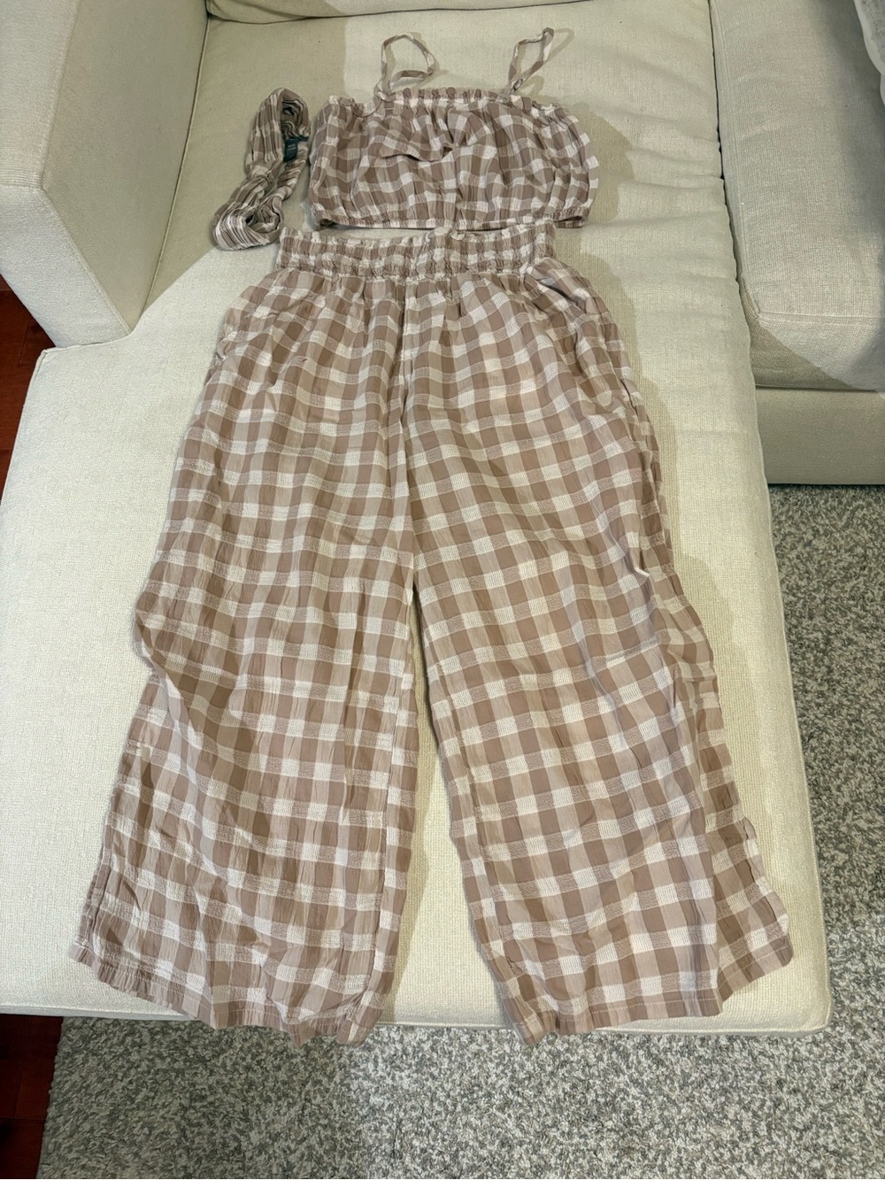 aerie Beige and White Gingham Wide-Leg Jumpsuit